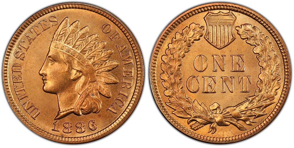 1886 Indian Head Penny obverse and reverse showing the Indian Head portrait and AMERICA lettering