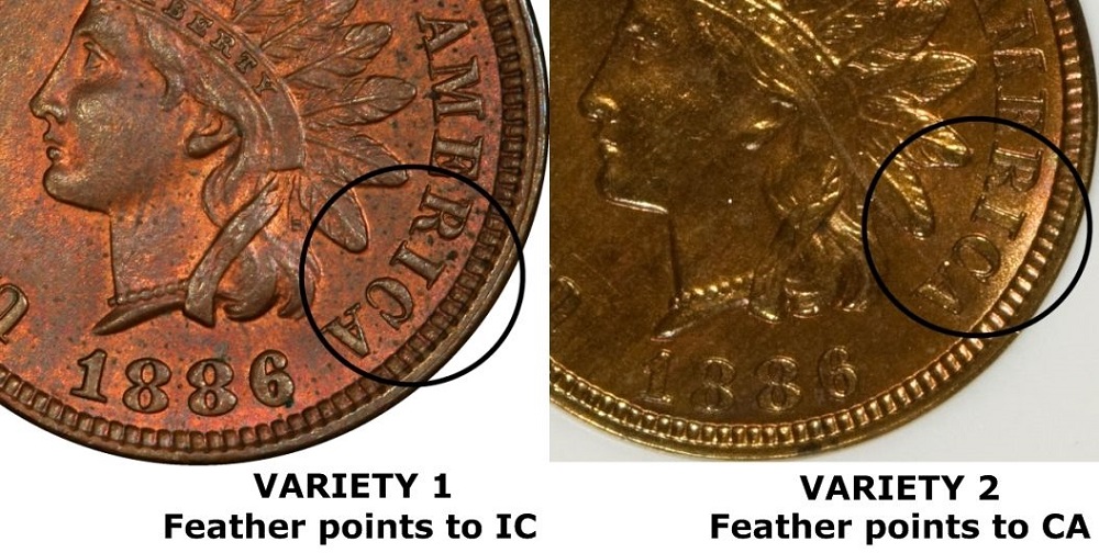 Side-by-side comparison of 1886 Indian Head Penny Type 1 versus Type 2, showing feather position relative to AMERICA