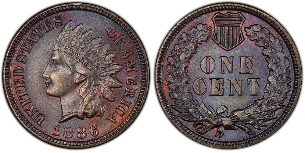 Grading strip showing 1886 Indian Head Pennies from worn Good condition through Fine, Extremely Fine, and Uncirculated Mint State